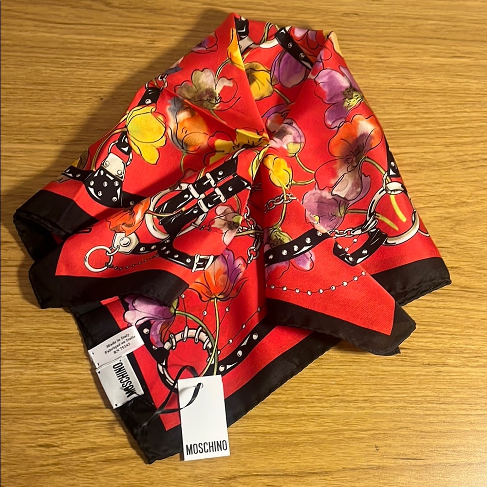 New Moschino Square Silk Scarf for Women, Made in Italy.